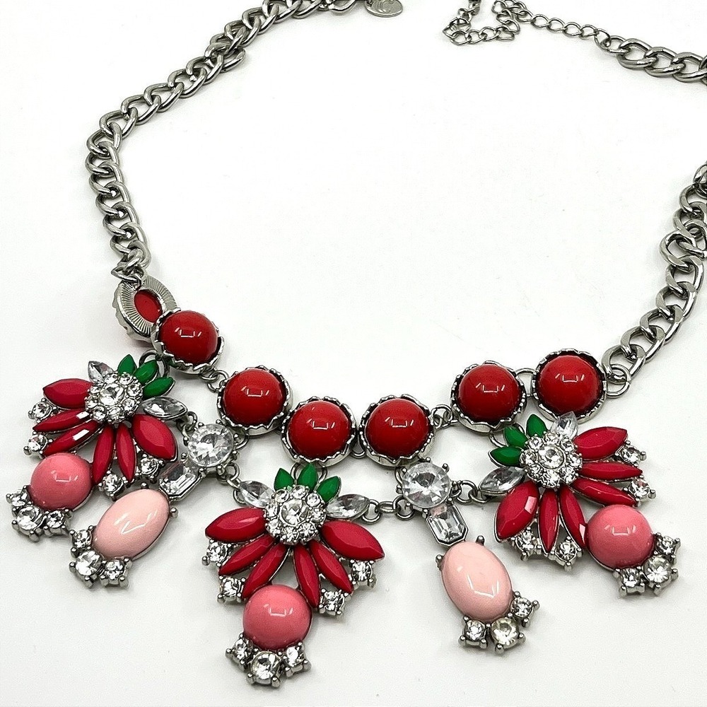 VTG Charming Charlie Silver Tone Red Pink Floral Statement Necklace Bold Y2K Bib
